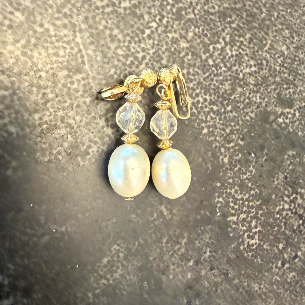 Vintage Clip On Gold and White Pearl Crystal Earrings